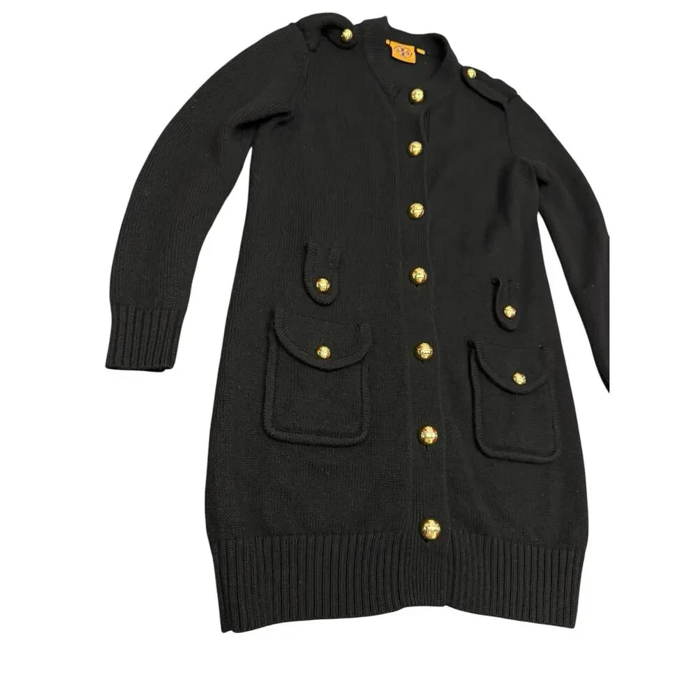 Tory Burch Long 100% Wool Cardigan Coat XL Black Gold Logo Buttons